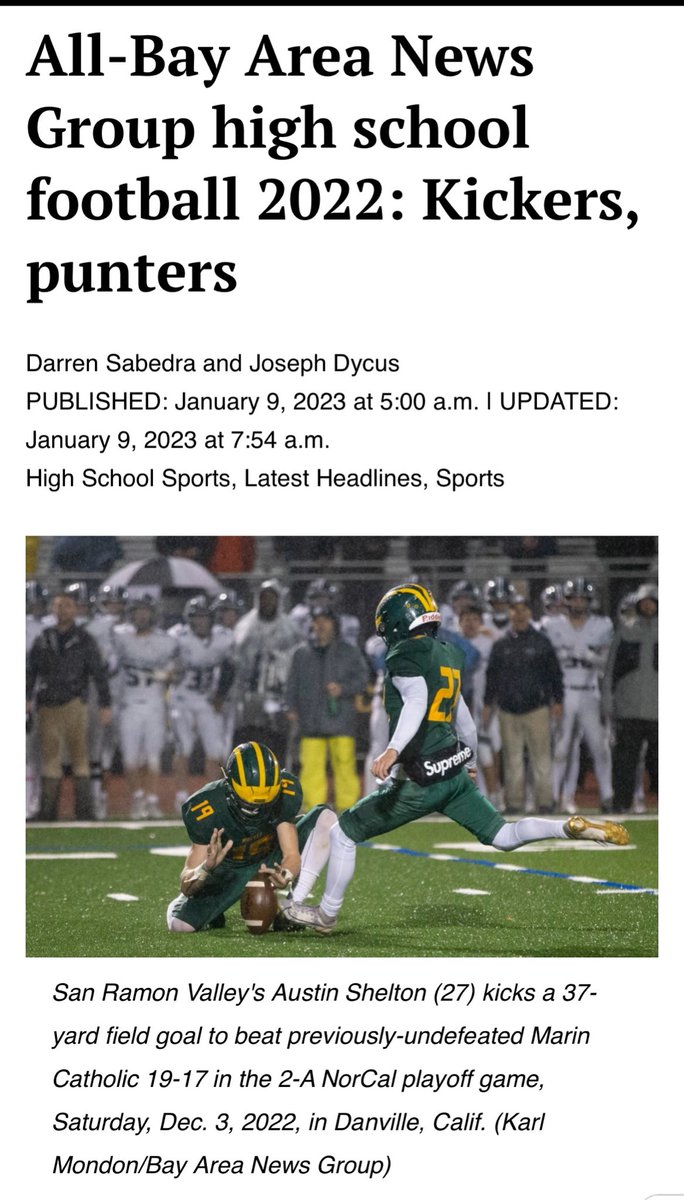 I am honored to be 
1st team All Bay Area!
Thank You <a href="/joseph_dycus/">Joseph Dycus</a> <a href="/DarrenSabedra/">Darren Sabedra</a> 

<a href="/LeeTwitbeck/">Lee Witbeck</a> <a href="/Chris_Sailer/">Chris Sailer Kicking</a> <a href="/mercnews/">Mercury News</a>