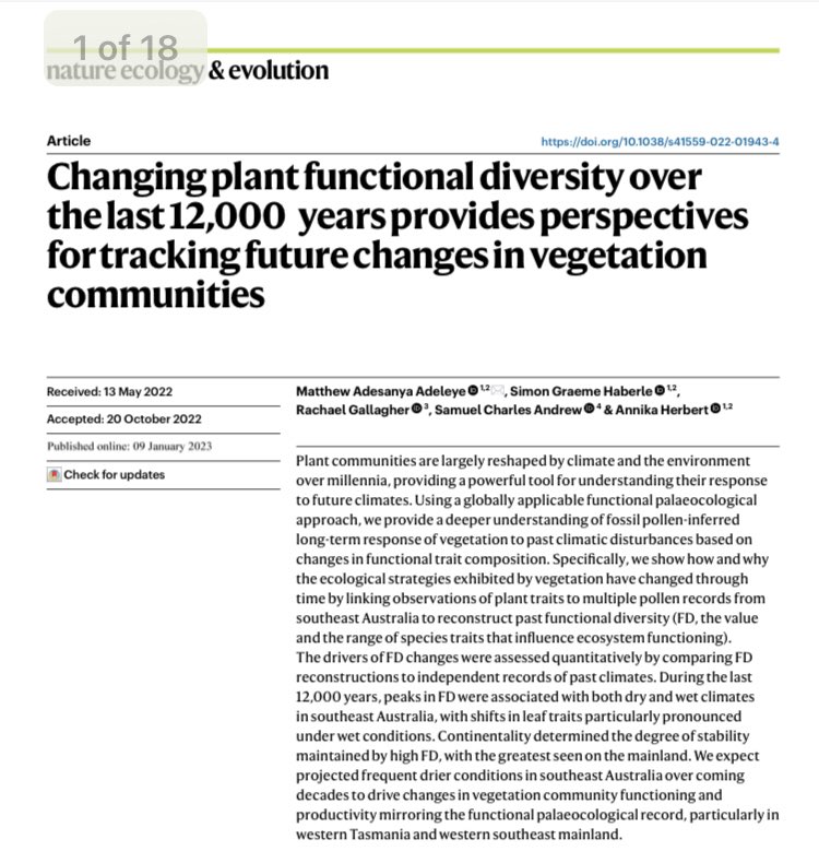 Our (myself, @thatpollenguy <a href="/AnnikaHerbert/">Dr Annika Herbert</a> et al.) new study in <a href="/NatureEcoEvo/">NatureEcoEvo</a> employs a functional paleoecological approach to understand SE Australia’s past and future #vegetation response to #climatechange Link nature.com/articles/s4155…