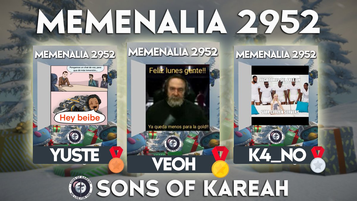 🌟 MEMENALIA 2952 🌟

Terminó el evento de Memes y aquí están nuestros ganadores!
Podéis ver todos los concursantes y votos aquí:
👇
sonsofkareah.com/memenalia

Muchas gracias a todos por participar! 😘😘😘
<a href="/RobertsSpaceInd/">Star Citizen</a> #StarCitizen