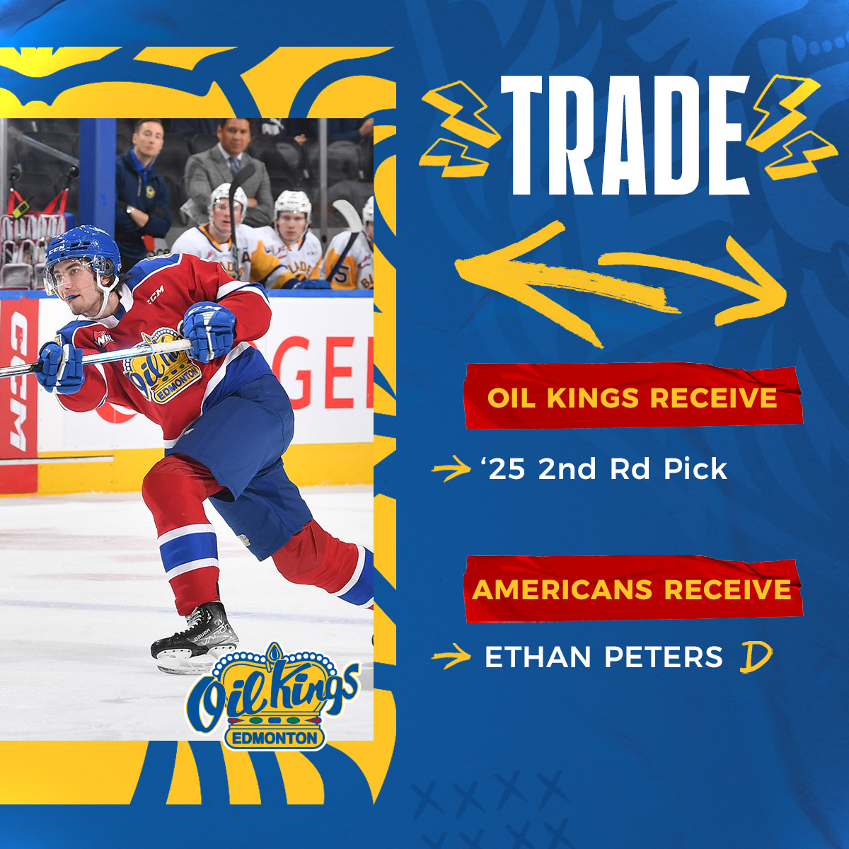 🔁 TRADE ALERT 🔁

The #OilKings have acquired a 2025 2nd round pick from the Tri-City Americans in exchange for 2003-born defenceman Ethan Peters.

FULL DETAILS ➡️ oilkings.ca/article/oil-ki…