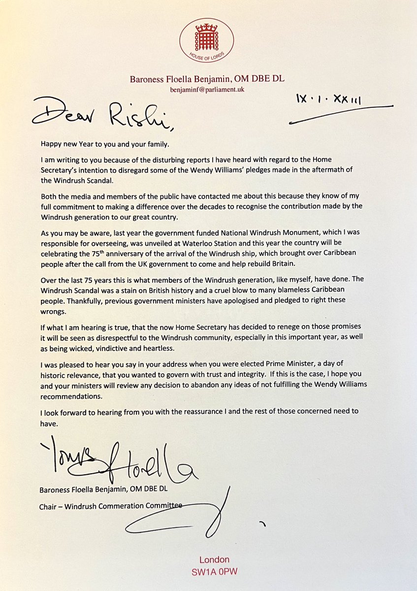 Floella Benjamin (@floellabenjamin) on Twitter photo This is the letter I have sent to the Prime Minister with regard to rumours of the #Windrush Scandal recommendations being reneged on. I do hope it is not true <a href="/RishiSunak/">Rishi Sunak</a> <a href="/LibDems/">Liberal Democrats</a> <a href="/LibDemLords/">Lib Dem Lords</a> <a href="/ukhomeoffice/">Home Office</a> #Windrush75 This is the letter I have sent to the Prime Minister with regard to rumours of the #Windrush Scandal recommendations being reneged on. I do hope it is not true <a href="/RishiSunak/">Rishi Sunak</a> <a href="/LibDems/">Liberal Democrats</a> <a href="/LibDemLords/">Lib Dem Lords</a> <a href="/ukhomeoffice/">Home Office</a> #Windrush75