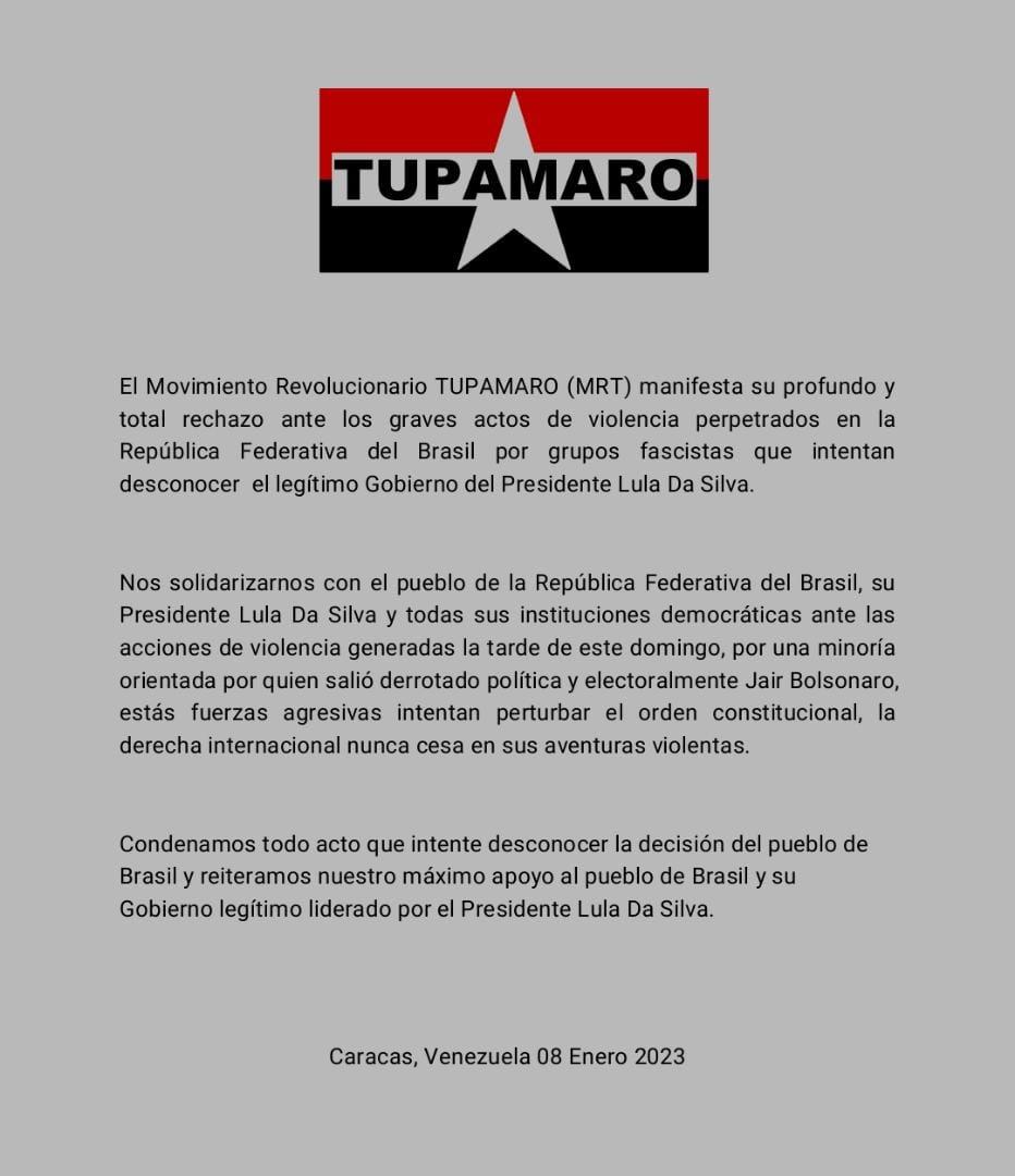 Desde #ElCallao @TupamaroMRT Rechaza enérgicamente los actos violentos perpetrados por grupos fascistas que intentan desconocer el gobierno Legítimo del Presidente <a href="/LulaOficial/">Lula</a> en la República Federativa del Brasil.
<a href="/LulaOficial/">Lula</a>
<a href="/NicolasMaduro/">Nicolás Maduro</a> 
#RegresamosALaEscuela2023