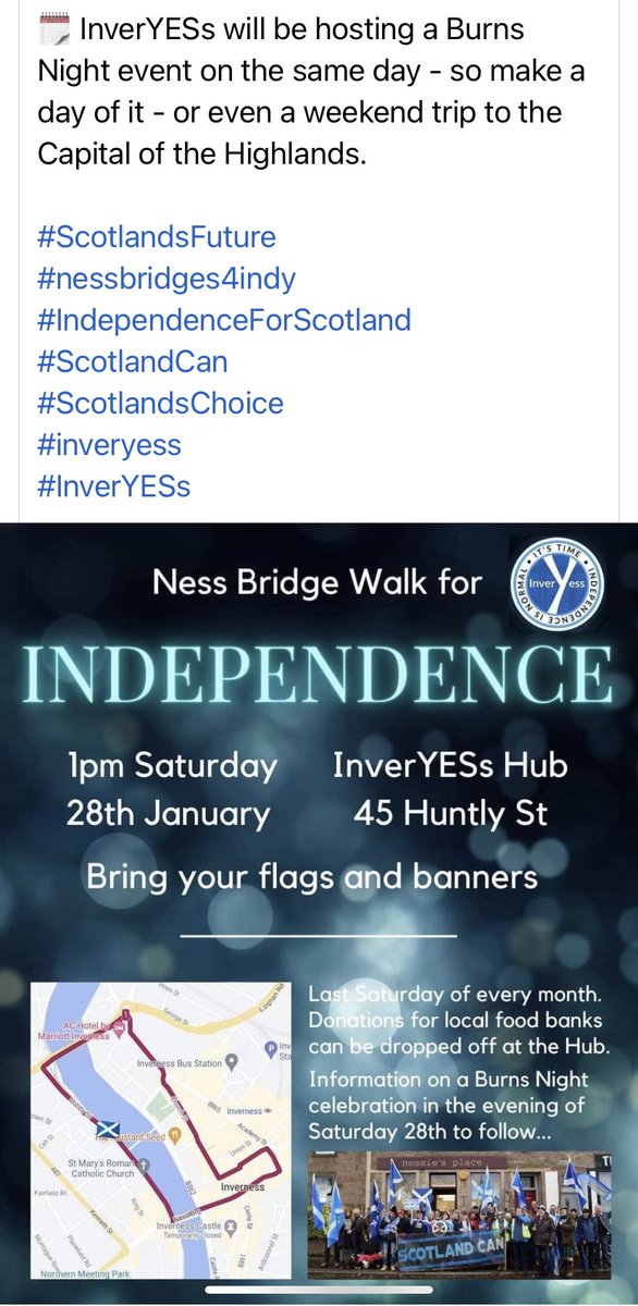 gsthomsons's tweet photo. 📣 Monthly InverYESs Bridges Walk for Independence will be held on the last Saturday of January ~ 28th starting off at 1pm.
⏰ Gather at the Hub
#ScotlandsFuture
#nessbridges4indy
#IndependenceForScotland
#ScotlandCan
#ScotlandsChoice
#inveryess
#InverYESs https://t.co/gpI184M393