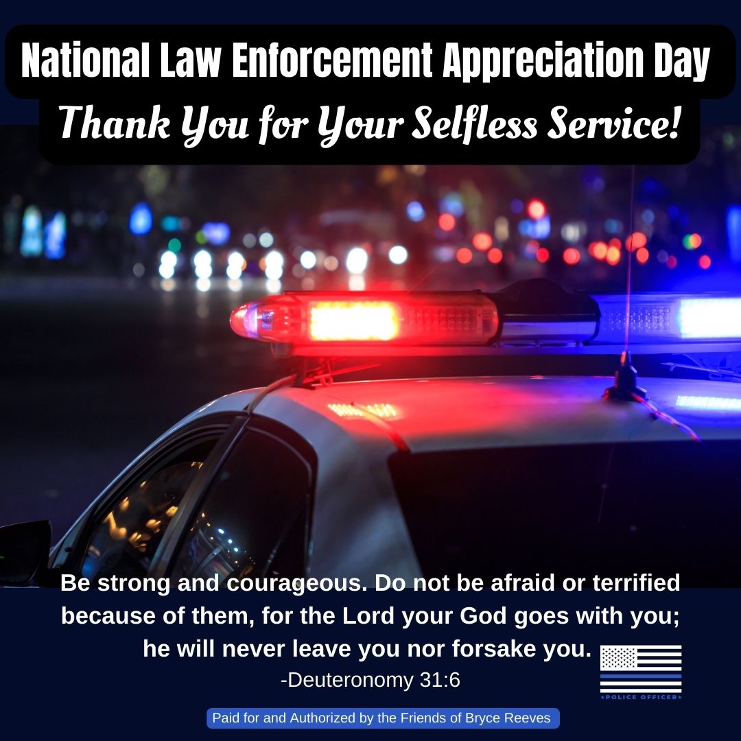 ReevesVA's tweet photo. Thank you for keeping our friends and neighbors safe! Words are not enough to match your daily sacrifice, but know that you are doing God's work and appreciated by your brothers and sisters. #brycereeves #resultsnotrhetoric #letstalknumbers #nationallawenforcementday https://t.co/YzIaIihuSr