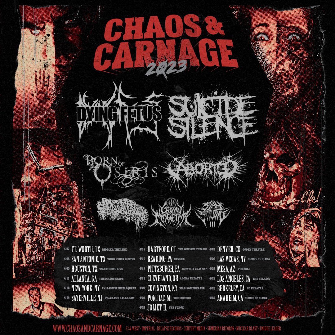 We’re excited to co-headline CHAOS
&amp; CARNAGE 2023 with our friends in <a href="/suicidesilence/">Suicide Silence</a>,
where we’ll also be sharing the stage with @boocrue,
<a href="/abortedmetal/">Aborted</a>, <a href="/sanguisugabogg/">Sanguisugabogg</a>, @crownmagnetar &amp;
<a href="/slaysquad/">Slayer</a>

Tix On Sale: Friday, 1/13 at 10AM 
VIP On Sale: 1/20 at
CHAOSANDCARNAGE.COM