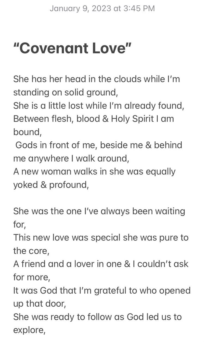 TrevorSchiess33's tweet photo. I felt inspired by the Holy Spirit to write a short poem about walking in covenant with God &amp; finding that love along the way. It’s called “Covenant Love” it’s been a really long time since I’ve wrote a poem. So it feels good to connect with that part of my soul again. ⛪️🤴🏻🍒👸🏿🤞🏼 https://t.co/QGkBD5U06F
