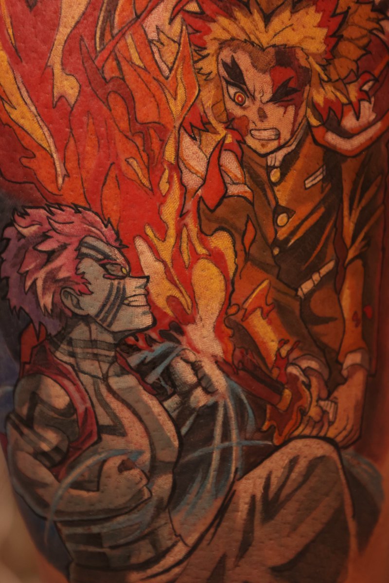 Fresh tattoo from yesterday! Hoping to eventually fill for a full sleeve 😎#demonslayer 

P.s.those tattoo pain charts on google are total liesssss. Felt like an elbow tattoo but for multiple hours 😭