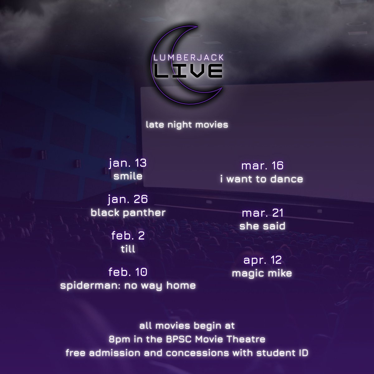 sfagetinvolved's tweet photo. ๐ LUMBERJACK LIVE ๐ is excited to present a series of movies for the Spring 2023 semester. We hope to see all of you there! ๐ฅ
#JACKSGETINVOLVED #SFA23 #SFA24 #SFA25 #SFA26 #axeemjacks #lumberjacks #sfa #sfasu #axeem https://t.co/YoV1paVlaB