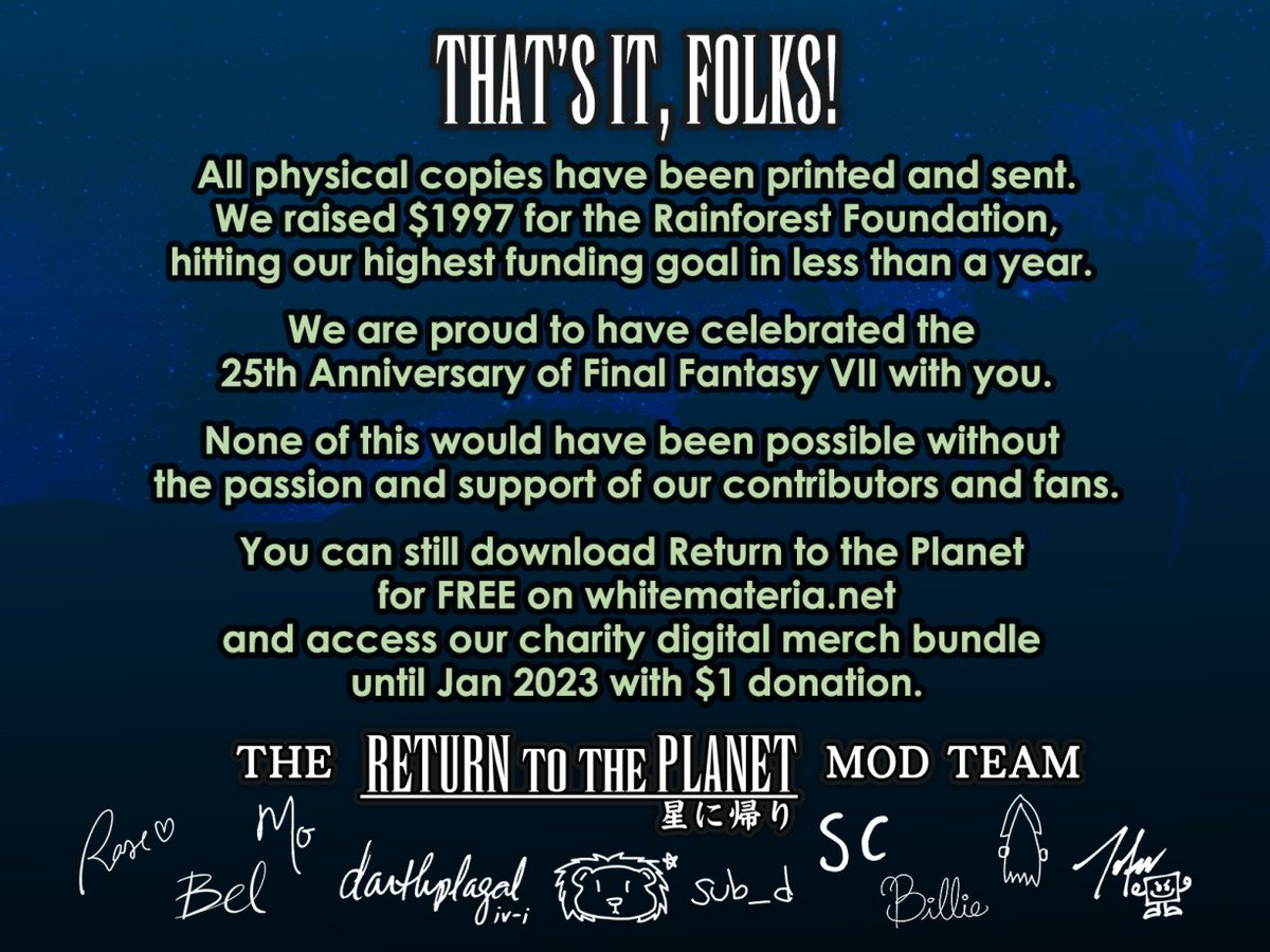 ff7ogzine's tweet photo. And with this, our anniversary project is now COMPLETED. Remember, our free PDF zine is still available at https://t.co/9VQ1OsFR1N! ✨

Thank you to everybody who made this dream a reality. We're honoured to have celebrated this anniversary with you. 

Love,
The RTTP Mod Team https://t.co/XyXZ0qWzS8