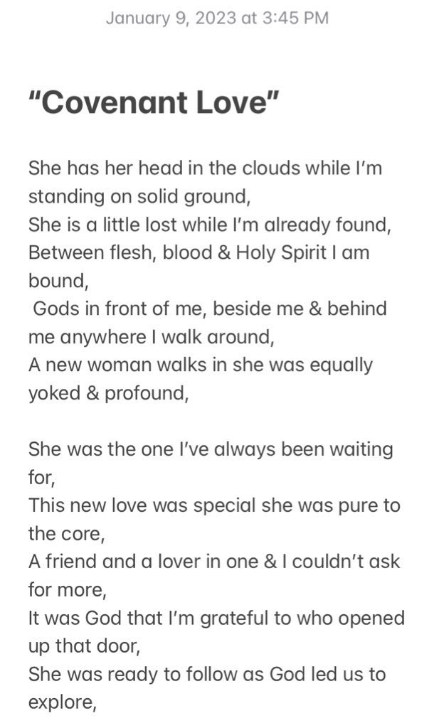 AnointedChurch3's tweet photo. I felt inspired by the Holy Spirit to write a short poem about walking in covenant with God &amp; finding that love along the way. It’s called “Covenant Love” it’s been a really long time since I’ve wrote a poem. So it feels good to connect with that part of my soul again. ⛪️🤴🏻🍒👸🏿🤞🏼 https://t.co/uBuFHqqDuW