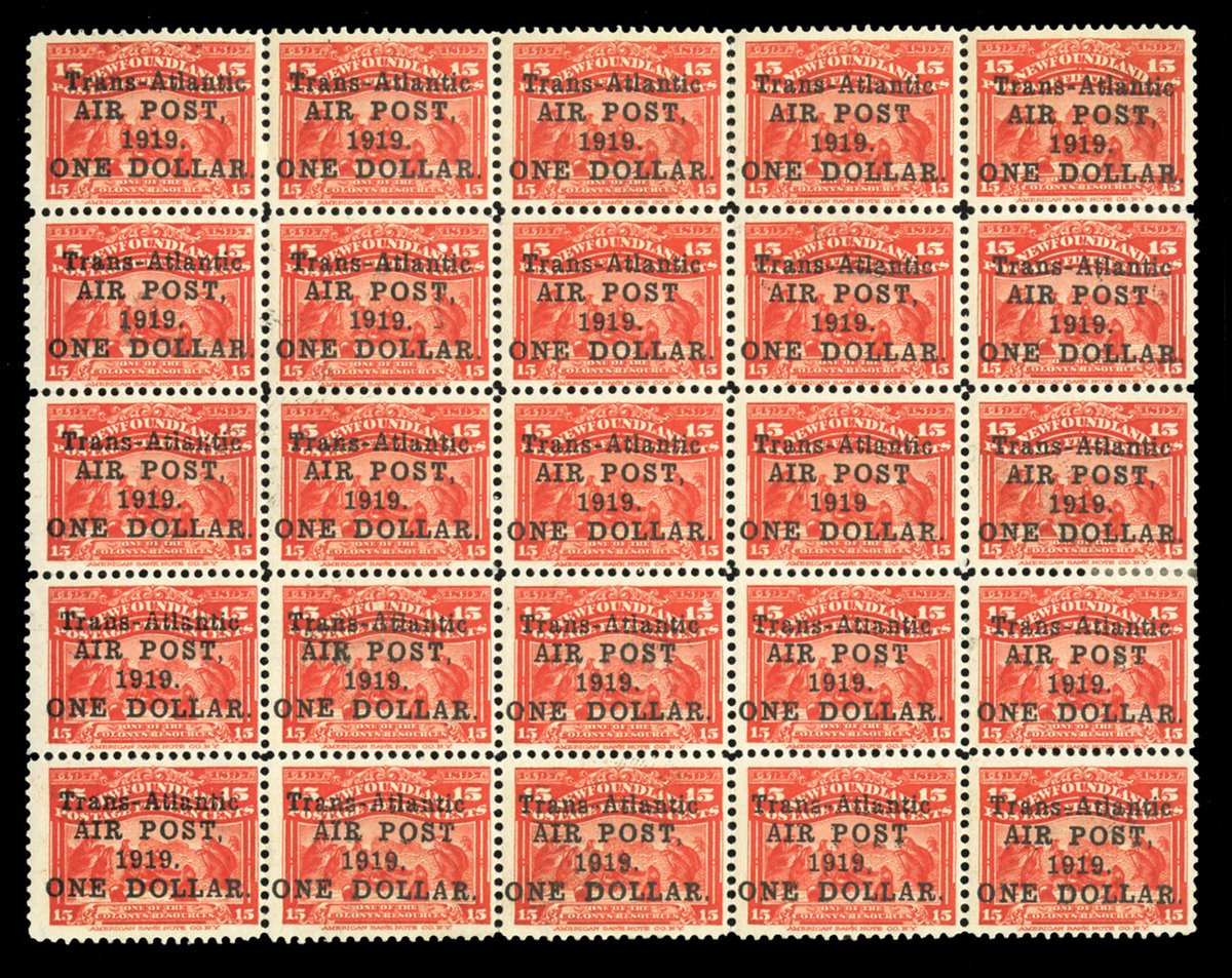Newfoundland Airmail Auction Preview:
cherrystoneauctions.com
1919 Alcock and Brown Issue, $1 Trans-Atlantic surcharge on 15c Cabot, sheet of 25, showing no comma variety (pos.22), no comma, no stop (pos.14), small comma (pos.20), no comma (pos.4,8,10,18,19,24)
#philately