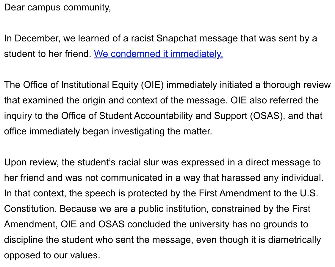 byEliHoff's tweet photo. #Mizzou will not be disciplining student who sent racial slur in Snapchat message, per email sent to students today by the university, becuase it is 1st Amendment-protected speech, among laws which the school is "constrained" by.

Context: https://t.co/7Qya1MfnC7
Full message: https://t.co/XW9qNtap7d