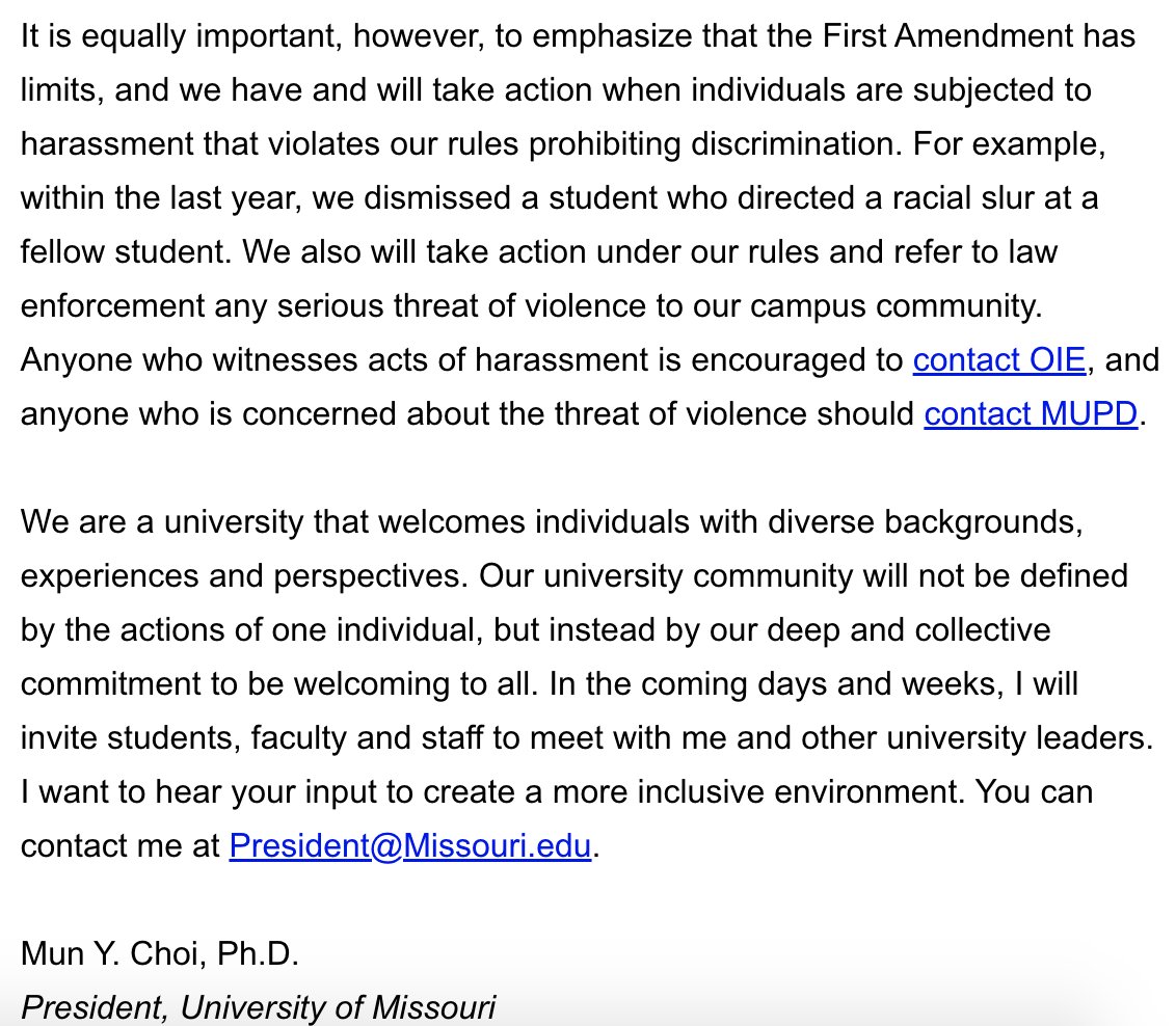 byEliHoff's tweet photo. #Mizzou will not be disciplining student who sent racial slur in Snapchat message, per email sent to students today by the university, becuase it is 1st Amendment-protected speech, among laws which the school is "constrained" by.

Context: https://t.co/7Qya1MfnC7
Full message: https://t.co/XW9qNtap7d
