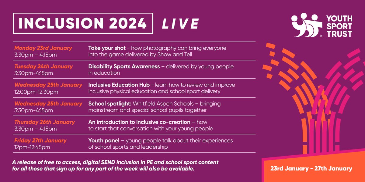 Some BRILLIANT CPD on its way from @YouthSportTrust Check out #inclusion2024 Live 23-27 Jan- completely free and full of inspiring schools and young people sharing practice- to book see here: youthsporttrust.force.com/YST_EventRedir… if you register you also get access to full suite of recordings