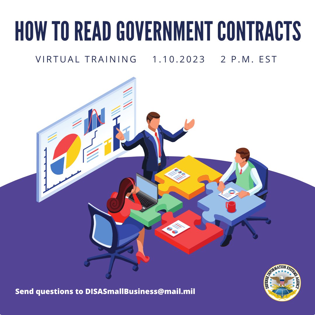 DoW_DISA's tweet photo. ATTEN: #IndustryPartners 🗣️ we've got FREE virtual training just for you! 

Get #Need2Know info on reading government contracts and tips for networking with industry &amp; conference exhibitors. 

📅: Tues., Jan. 10
🕑: 2 p.m. EST 
**No need to register**

➡️ https://t.co/BLWHmjZj7M https://t.co/Yp5bepMqwv