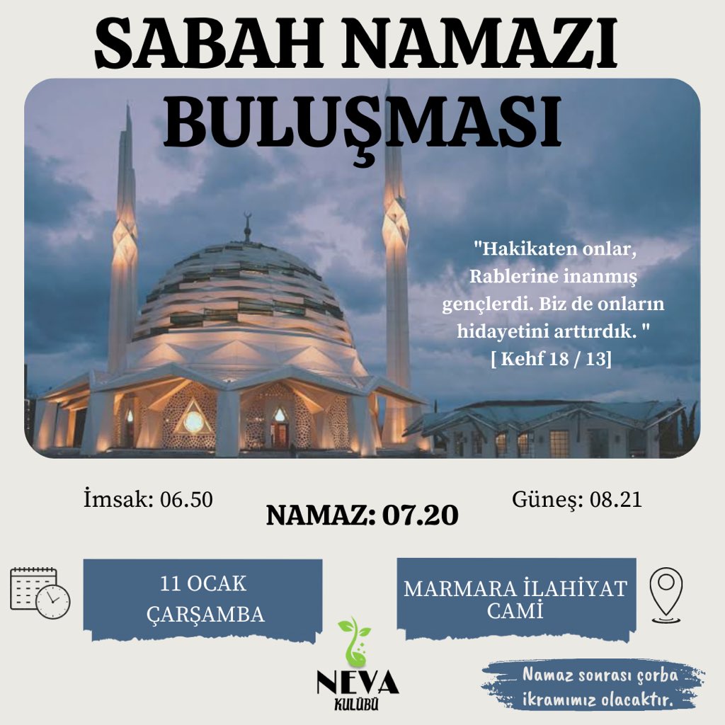 Namazla diriliyor, fecirle buluşuyoruz! 

Çarşamba günü tüm fakülte arkadaşlarımızı sabah namazını birlikte eda etmek üzere fakülte camimiz olan Marmara İlahiyat Camii’nde bekliyoruz. 🌿

Namaz sonrası çorba ikramımız olacaktır.