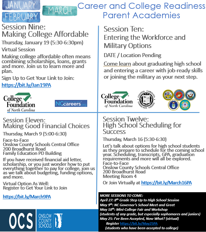 OnslowSchools's tweet photo. The new year brings new opportunities for families to learn about postsecondary education!  

An information session on making college affordable will be held virtually on January 19 at 5:30 p.m. Sign up at https://t.co/mDGxpc3hXG. https://t.co/APFf1Am8nI
