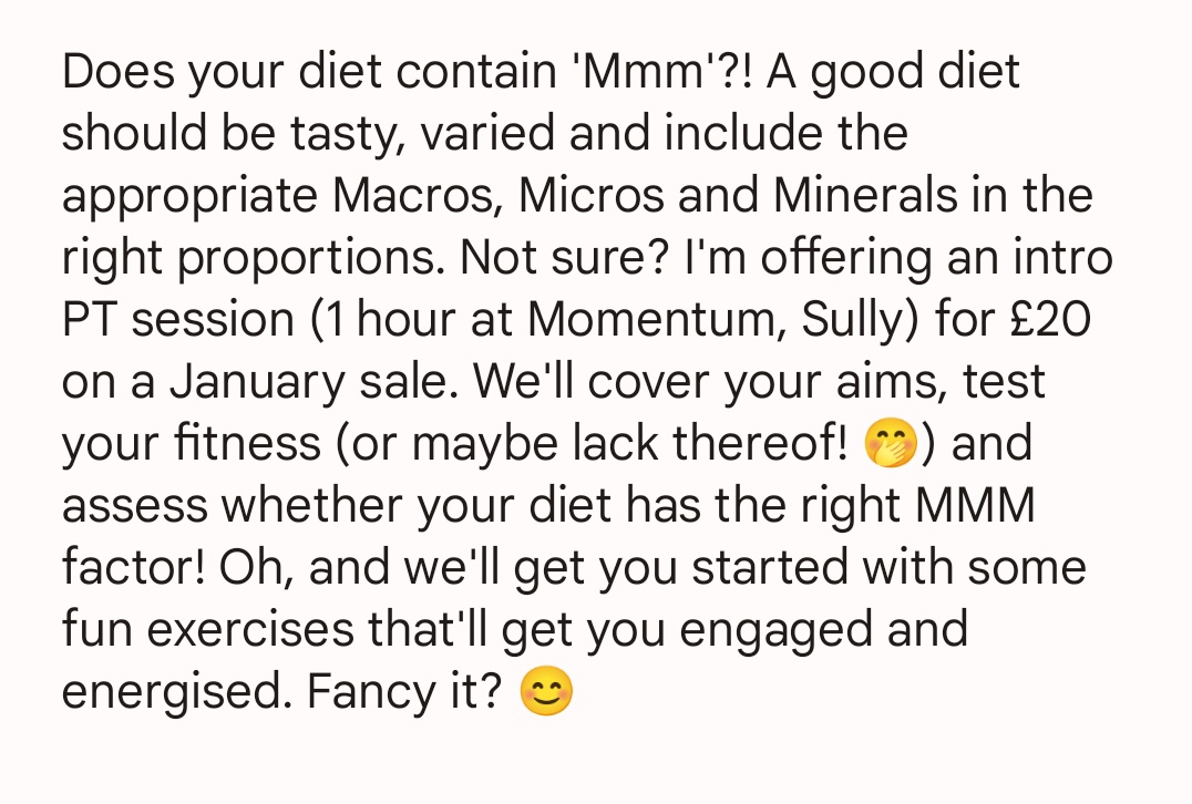 AnnaSnowPT's tweet photo. Find your MMM factor! I'm a motivation &amp; CBT/ behaviour change trained Personal Trainer &amp; Nutrition Advisor, with a Jan sale offer on (below). Come have a chat for more info! 😊
#Barry #Barryisland #sully #penarth #dinaspowys #personaltrainer #fitness #diet #mmm #goals https://t.co/IepjsSy8HL