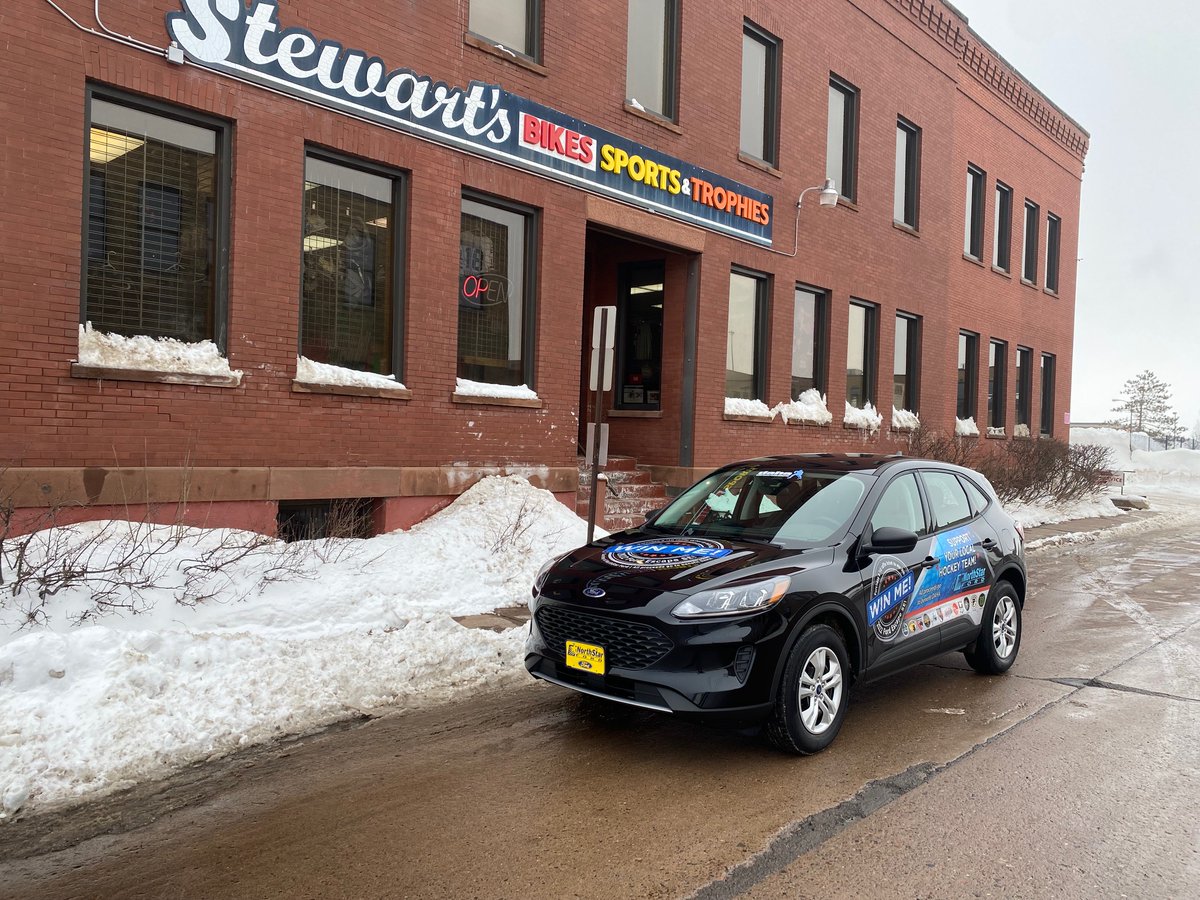 duluthhockey's tweet photo. The first stop in the DAHA Car Raffle Tour has the grand prize -- a new 2022 Ford Escape S AWD, courtesy of @NorthStar_Ford -- stopping by Stewart's Bikes Sports &amp; Trophies, which has been equipping youth hockey players (and partnering with Duluth Hockey) for over a century. https://t.co/SL0xXcqYEi