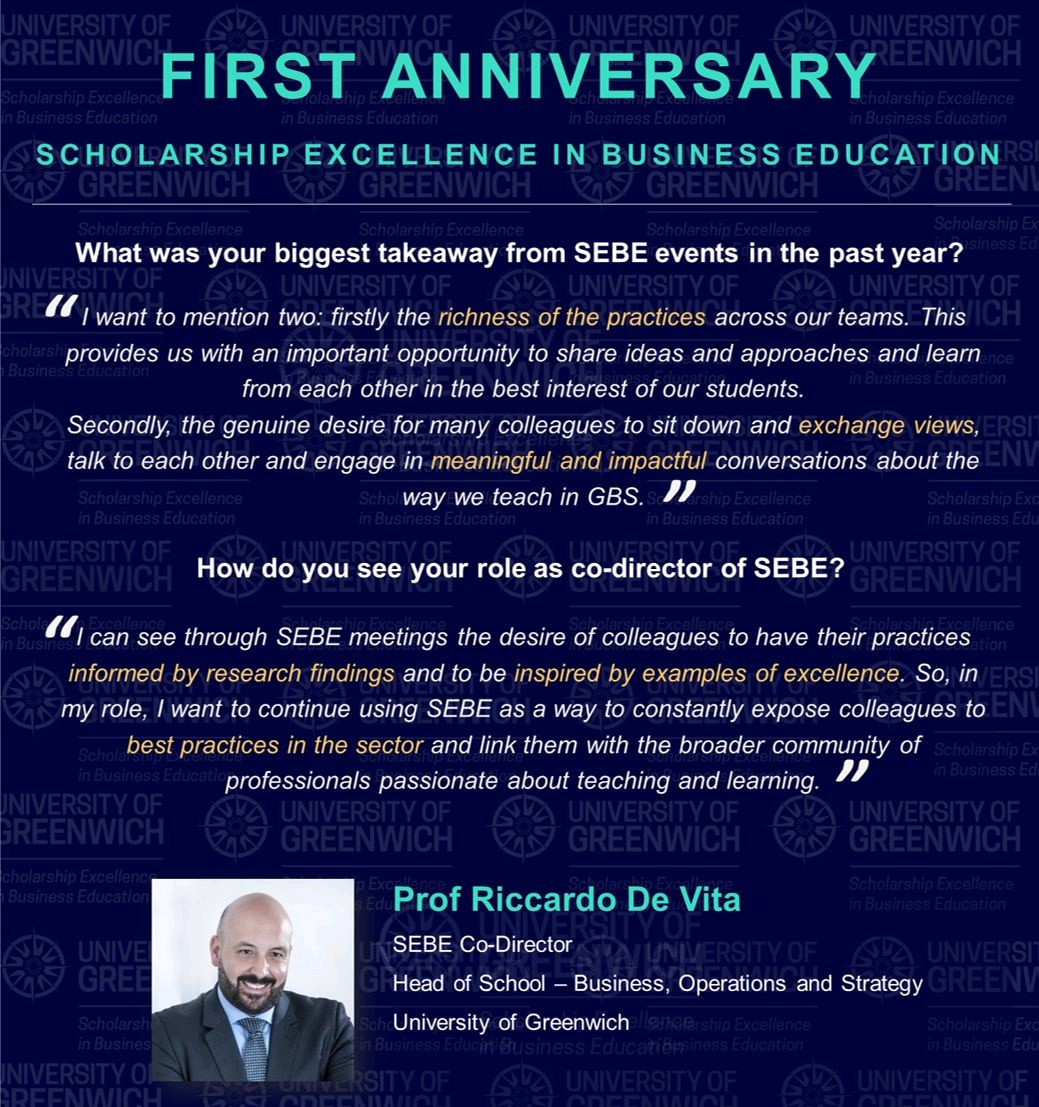 Our SEBE co-director Prof @R_De_Vita shares his biggest takeaways from SEBE events in the past year and explains how he sees his role.

@UniofGreenwich #SEBEanniversary #learningandteaching #pedagogy #education