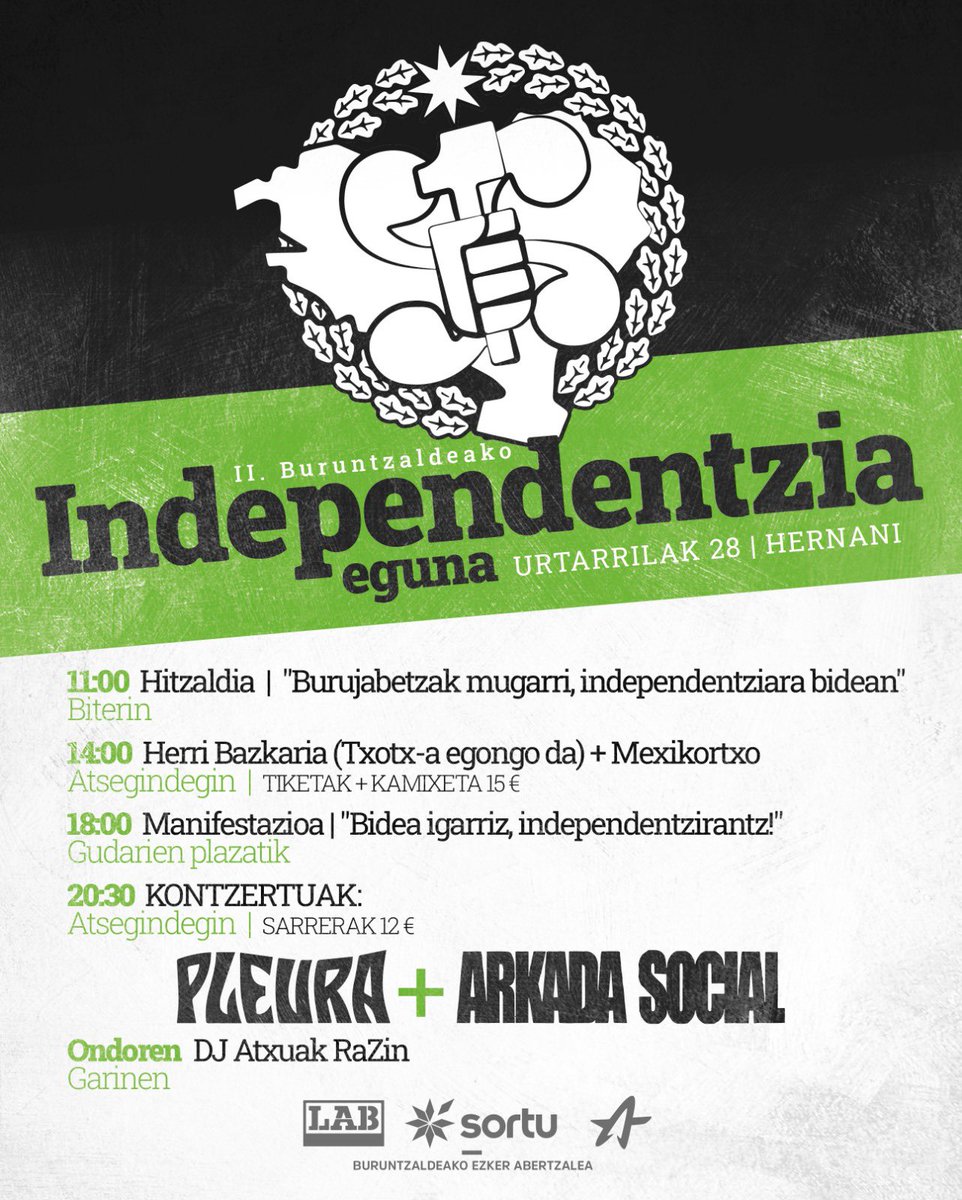 ‼️ Badator... Buruntzaldeako
II. INDEPENDENTZIA EGUNA!

✊ Bigarren aldiz Hernanin elkartuko gara independentziaren aldarria lau haizetara luzatzeko. Egitarau zabala izango dugu eskaintza politiko zein aisialdirako.