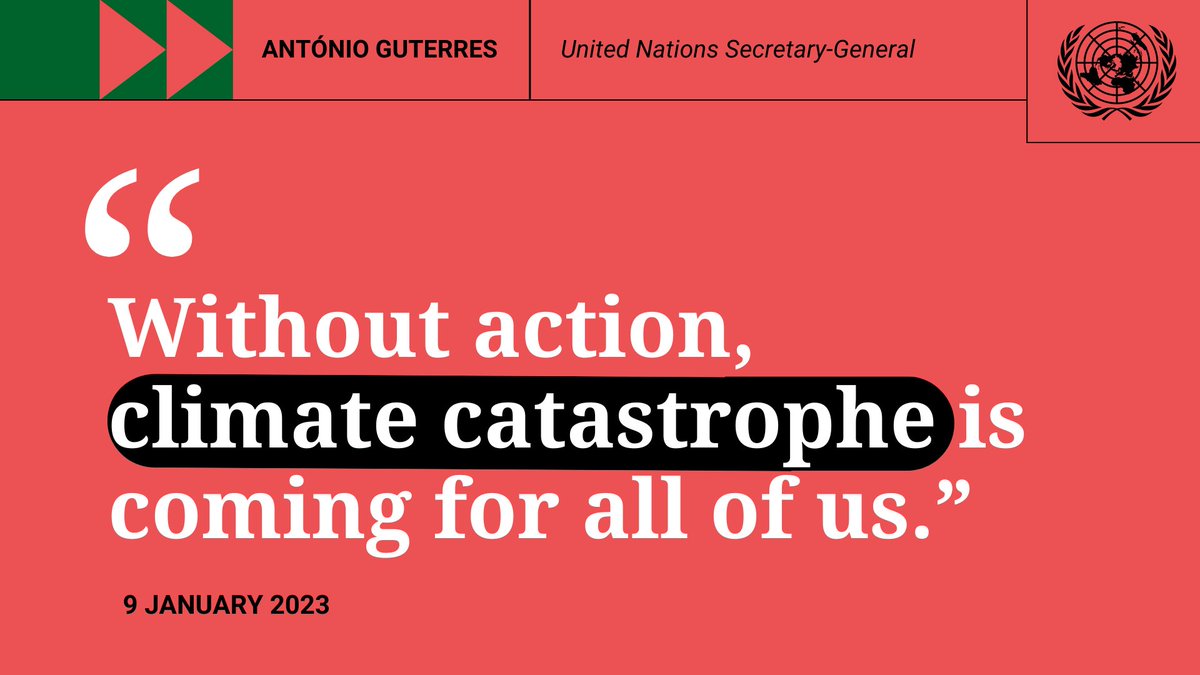 UN's tweet photo. "Without action, climate catastrophe is coming for all of us."

-- @antonioguterres is deeply frustrated that global leaders are not taking adequate #ClimateAction or investing sufficient resources to address the life-or-death climate emergency.
https://t.co/wC2Ok1u9s4 #ActNow https://t.co/ndhejTBYQ1
