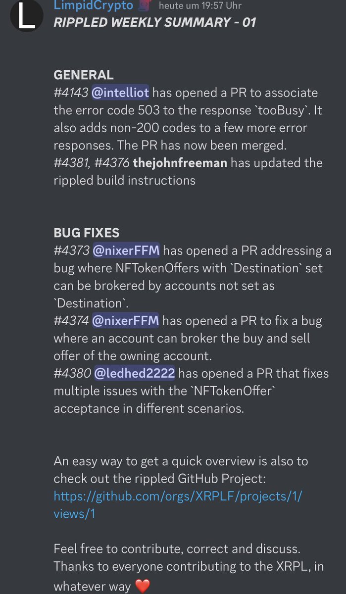 LimpidCrypto's tweet photo. Rippled Summary - Week 01

#XRPL https://t.co/XQE0rupK9k