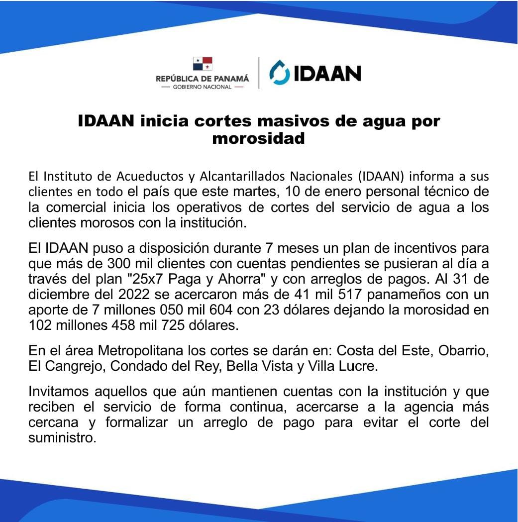 IDAANinforma's tweet photo. IDAAN inicia cortes masivos de agua por morosidad. @311Panama https://t.co/a8GcrrAxNz