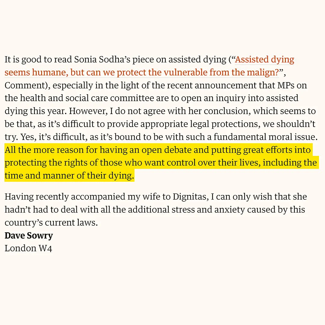 dignityindying's tweet image. "All the more reason for having an open debate and putting great efforts into protecting the rights of those who want control over their lives, including the time and manner of their dying."

A powerful letter in today's Guardian.