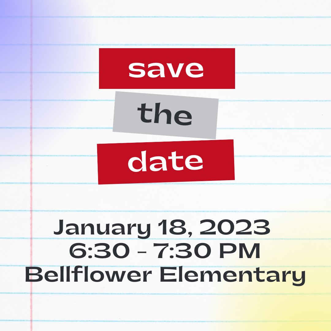 SAVE THE DATE! 📆 We are excited to host our first IN-PERSON PTA meeting of 2023 at Bellflower Elementary next Wednesday, January 18th from 6:30 - 7:30 pm! 

Babysitting for elementary age students will be available! 😁 Hope to see you there! 🙏 #bellflowerway