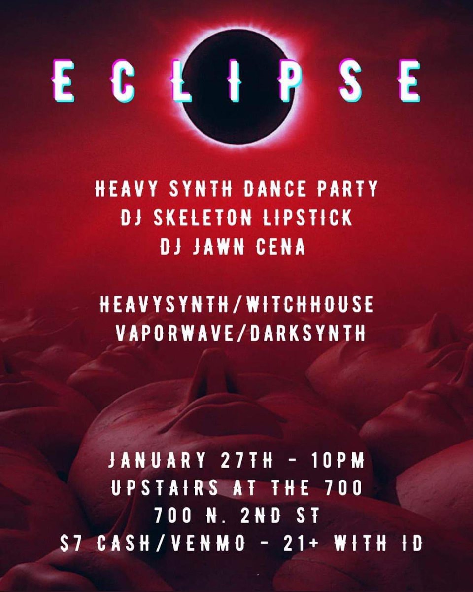 Friday 1/27 DANCE INTO THE SHADOWS WITH ME!  I’m DJing darksynth, synthwave, vaporwave and witchhouse and WAVE music at the 700 (700 n 2nd st, Philadelphia, PA) for <a href="/RiotNerdPhilly/">Riot Nerd</a>’s unique new party ECLIPSE
This is going to be so much fun!
Do attend!

riotnerdphilly.com/event-details/…