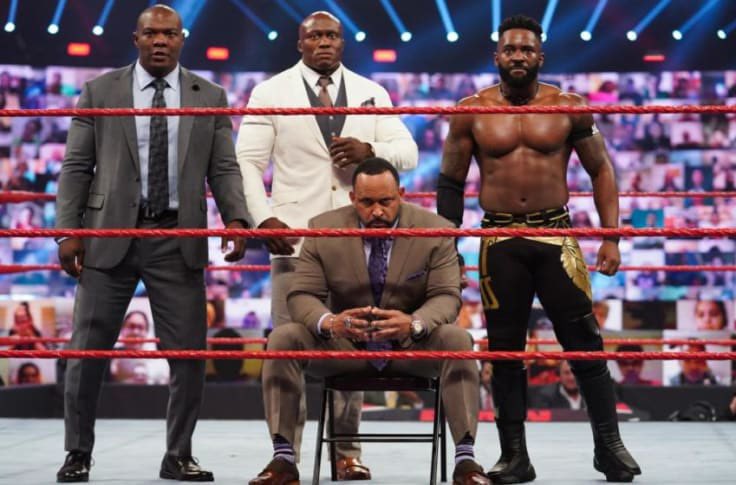 PublicEnemiesHQ's tweet photo. Last week Shelton Benjamin, Cedric Alexander, and MVP were talking to Adam Pearce. This week Cedric Alexander and Shelton Benjamin are tagging together in the tag team turmoil match. 

The Hurt Business reunion is happening everyone 😭😭#WWERaw https://t.co/gLKou1dMgZ