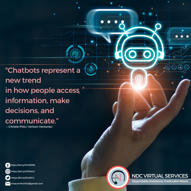 ndcvirtualsvcs's tweet photo. A chatbot 🤖 is a computer program created to mimic online conversations with real users, it is frequently used for website 🌐 navigation, content delivery, and customer service.

Follow us on
Fb Page https://t.co/X1Kq8rx3Ot 
📸 https://t.co/bEJaJDlteD

#ndcvirtualsvcs  #bots https://t.co/XBCZjzhfdr