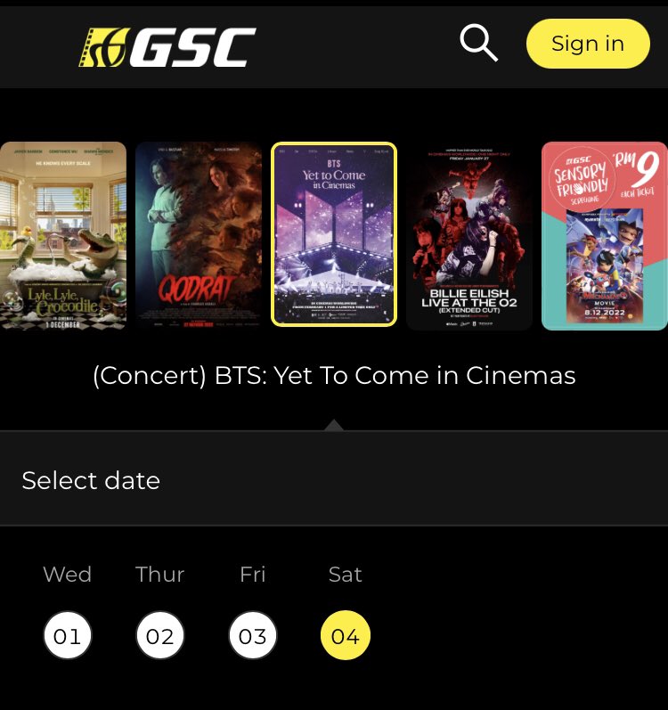 BTSMY_ARMY's tweet photo. 📣 Malaysian ARMY
#YetToComeInCinema Ticket is available for early purchase on GSC &amp; TGV Malaysia website 🇲🇾

GSC - 4 days screening
🗓 1 - 4 Feb 2023
📎https://t.co/302rftQhpJ

TGV - 3 days screening
🗓 1,3,4 Feb 2023
📎https://t.co/I9kpKGUK3v

*Different time slots in each days https://t.co/UlGzwjbKxi