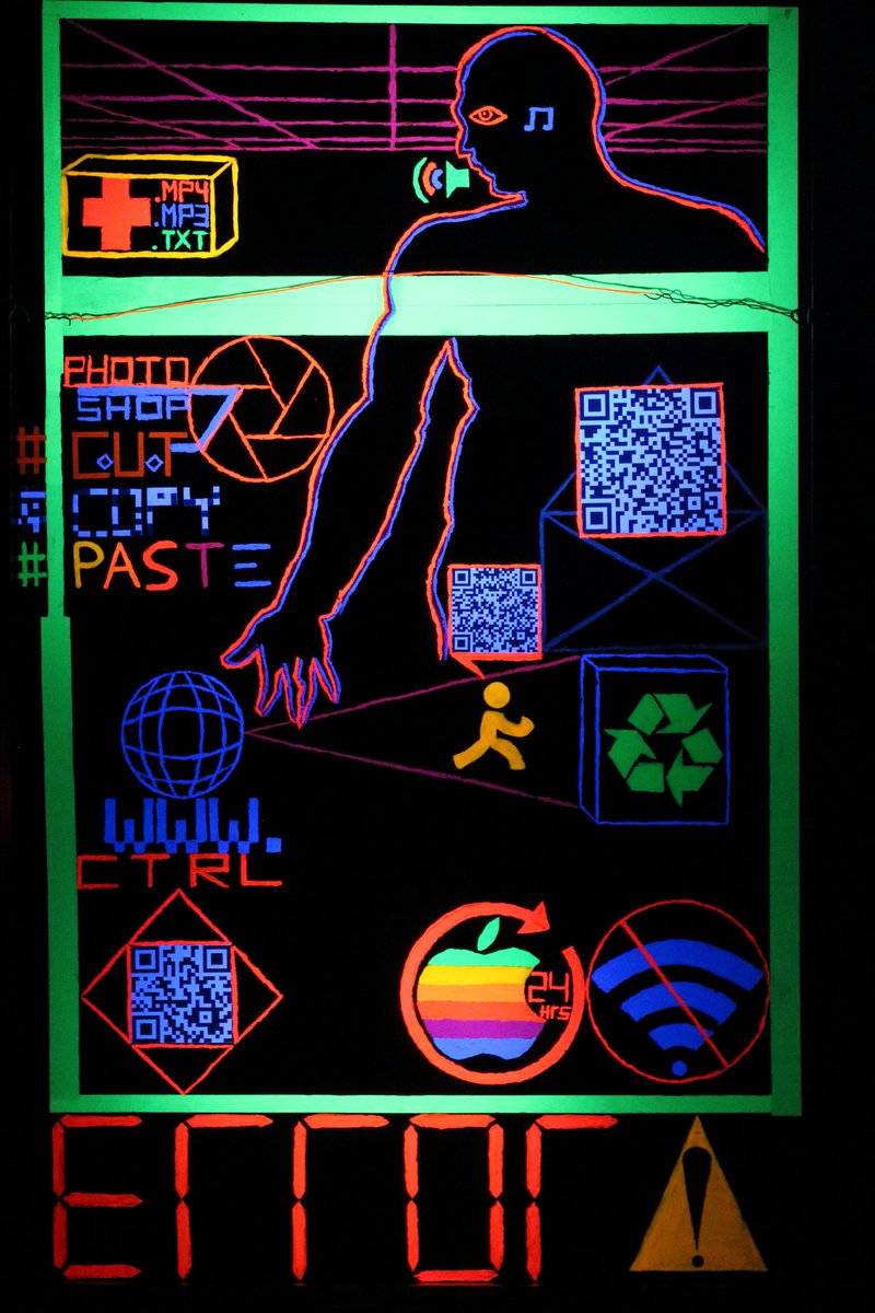 🌹🖤New Art🖤🌹
Title : .Doc_Disorder 
Medium : 1990 Vintage #Apple Computer Poster Board.
Detail : Front side graphic design in Daylight &amp; Back side painting in #Blacklight  
Size : 36" x 22"
Year : 2023
#cryptoart #pixelart #artwork #painting #art #painting #vaporwave #coder