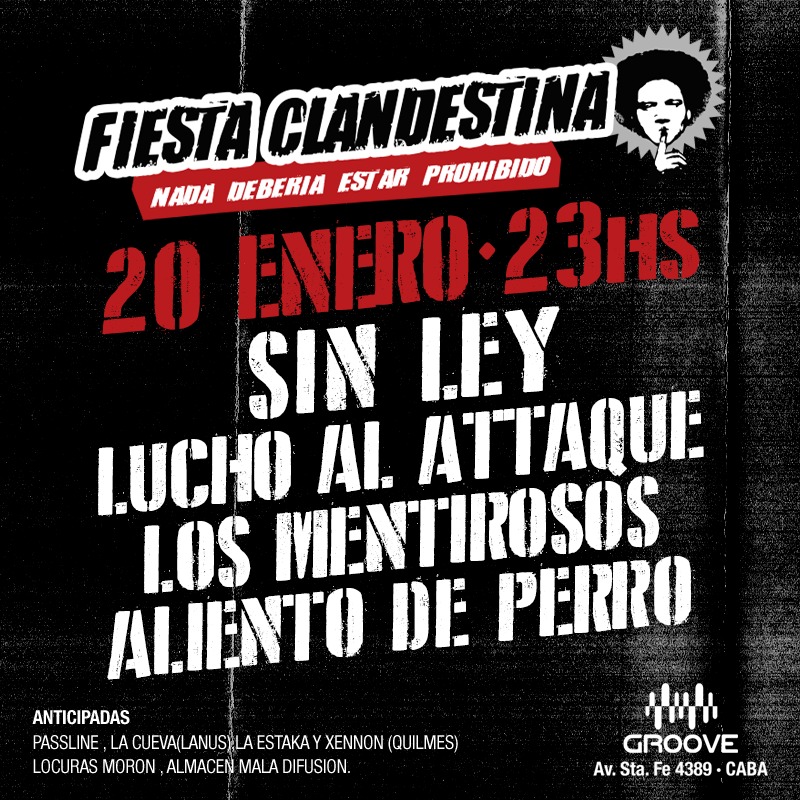 Sin Ley (@sinleyoficial) on Twitter photo Anticipadas desde el martes 10 en passline.com/eventos/fiesta…
Precio hasta el 18/01: $2000
#SinLey <a href="/FiestaClande/">Fiesta Clandestina</a> <a href="/palermogrooveok/">PALERMO GROOVE</a> Anticipadas desde el martes 10 en passline.com/eventos/fiesta…
Precio hasta el 18/01: $2000
#SinLey <a href="/FiestaClande/">Fiesta Clandestina</a> <a href="/palermogrooveok/">PALERMO GROOVE</a>