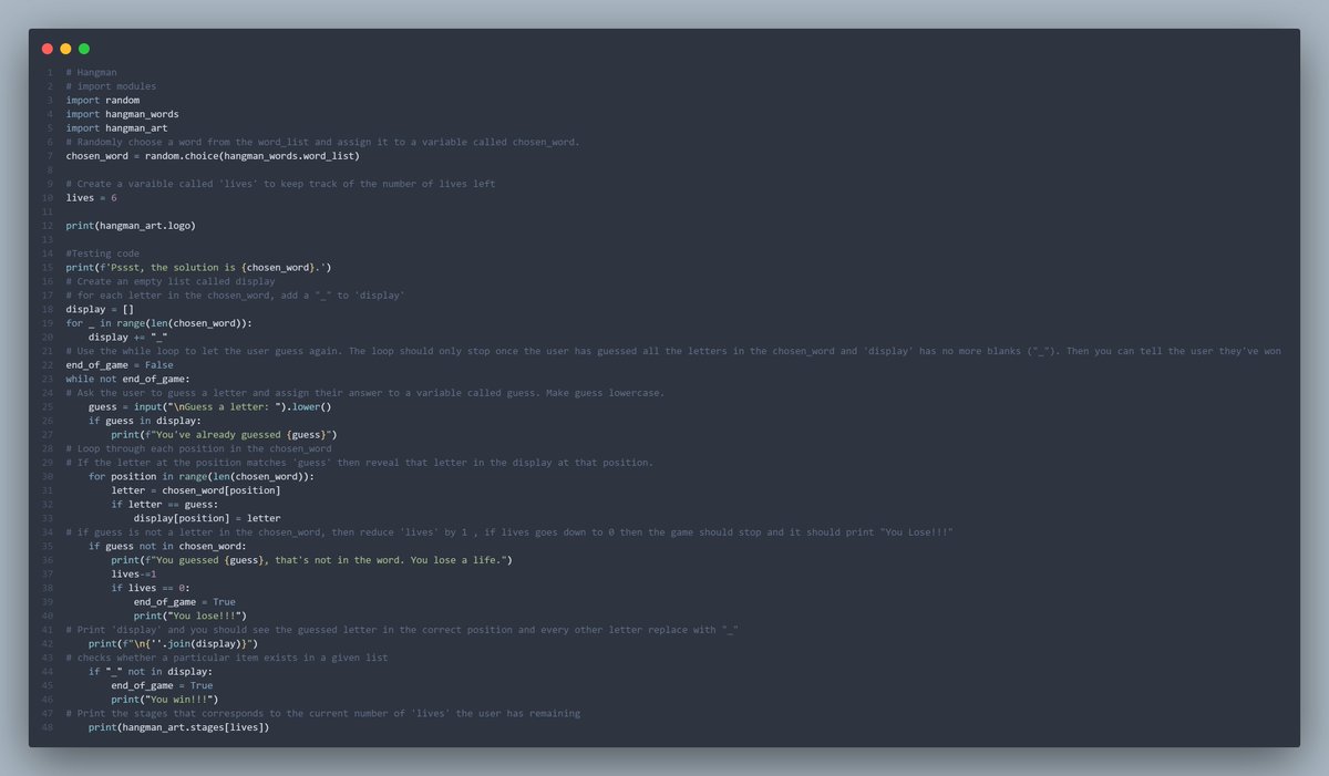 Skyludens1984's tweet image. #100DaysOfCode #100daysofchallenge #Python 

Day 7: Hangman

- Random module
- For loop
- range() function
- Inbuilt string function
- buid-in data type
- Assigment operators
- If statement
- While loop