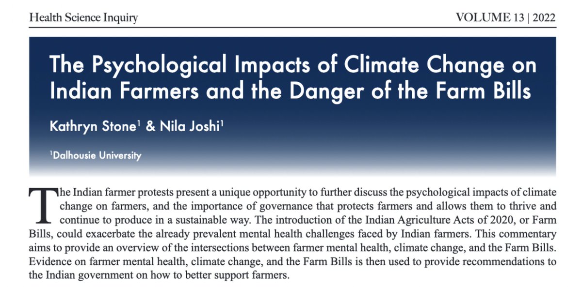 Farmers are hit hard by climate change worldwide and need support. No farmers, no food!

Big shout out to <a href="/NilaJoshi22/">Nila Joshi</a> 's dad for helping us understand and unpack the implications of the Indian Agricultural Acts of 2020 👏

healthscienceinquiry.com/index.php/hsi/…