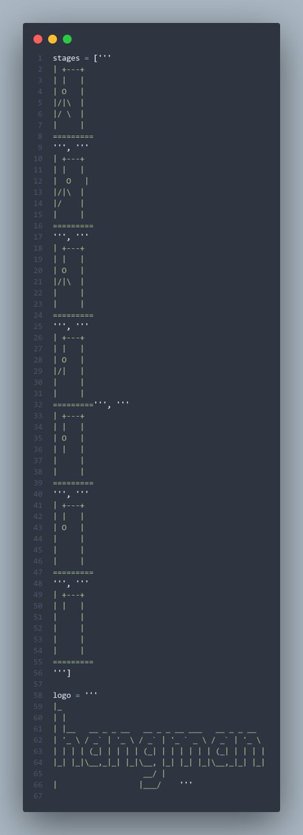 Skyludens1984's tweet image. #100DaysOfCode #100daysofchallenge #Python 

Day 7: Hangman

- Random module
- For loop
- range() function
- Inbuilt string function
- buid-in data type
- Assigment operators
- If statement
- While loop