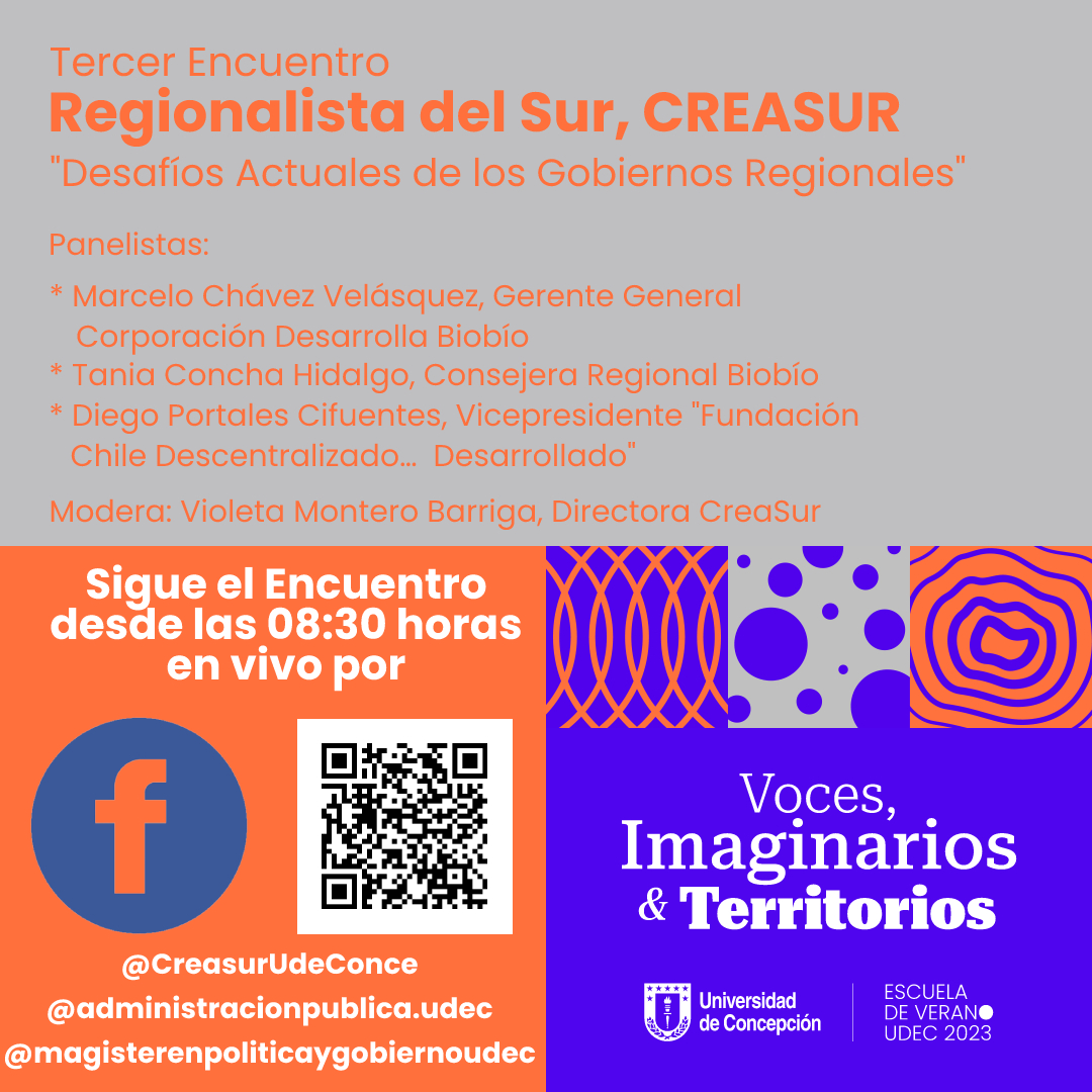 Mañana estaremos transmitiendo en vivo desde la plataforma de Facebook “Tercer Encuentro Regionalista del Sur, CREASUR"

Desde las 08:30 horas escanea el código QR o visita 
facebook.com/CreasurUdeConce
facebook.com/administracion…
facebook.com/magisterenpoli…

#EscuelaVeranoUdeC