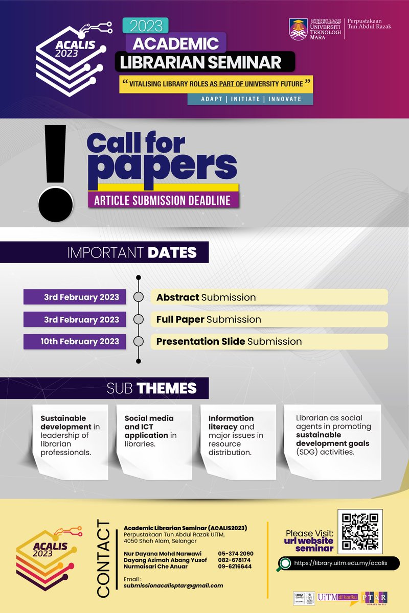 puitm_bukitbesi's tweet photo. ACADEMIC LIBRARIAN SEMINAR UiTM (ACALIS) 2023 https://t.co/lCJDURhyfq