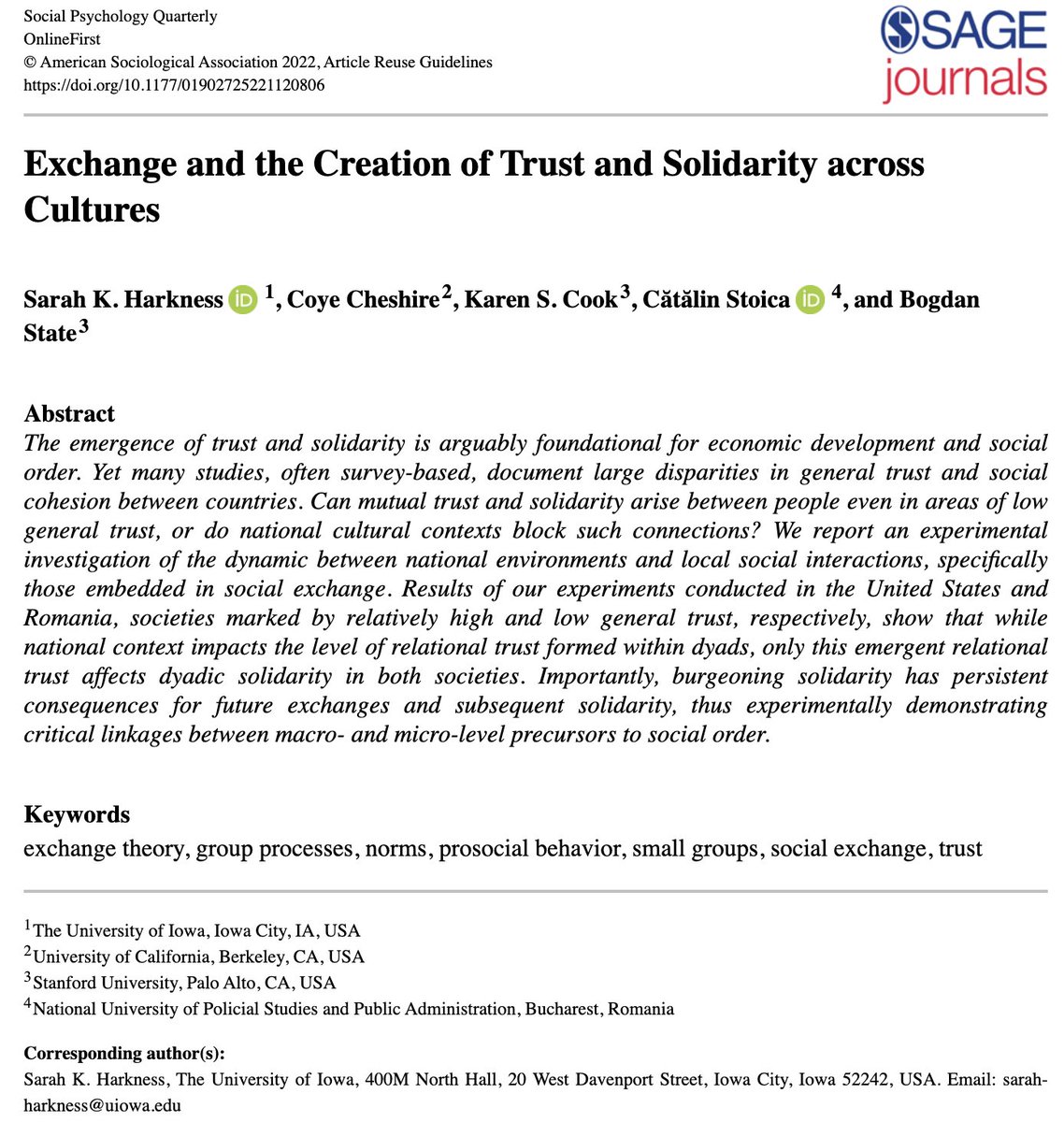 Social Psychology Quarterly (@spquarterly) on Twitter photo Check out "Exchange and the Creation of Trust and Solidarity across Cultures" by Harkness et al.! #SPQ
<a href="/ASASocPsych/">Social Psychology Section - ASA</a> <a href="/SocEmotions/">ASA Emotions Section</a>
journals.sagepub.com/doi/full/10.11… Check out "Exchange and the Creation of Trust and Solidarity across Cultures" by Harkness et al.! #SPQ
<a href="/ASASocPsych/">Social Psychology Section - ASA</a> <a href="/SocEmotions/">ASA Emotions Section</a>
journals.sagepub.com/doi/full/10.11…