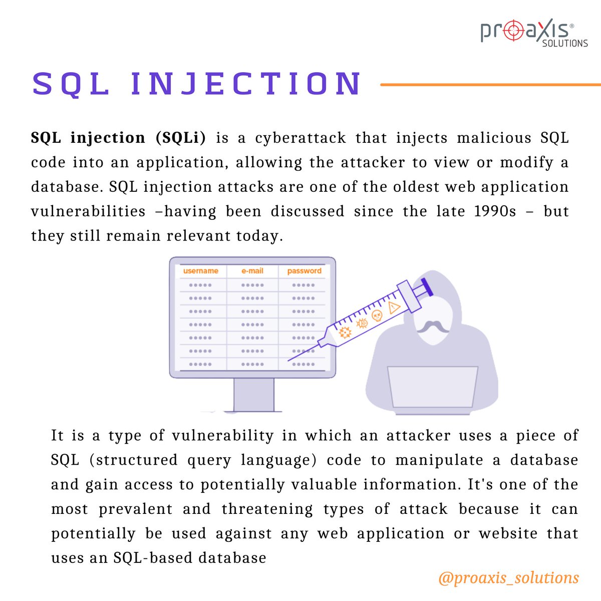 Have you heard of SQL INJECTION?
.
.
Follow @ProaxisScitech
.
.
.
#SQLi #sql #sqliattacks #sqlinjection #codeinjection #infosec #vulnerabilities #vulnerabilityassessment #phishing #malware #ransomware #pentesting #VAPT #cyber #cybersecurity #cyberattack #EDR #proaxissolutions