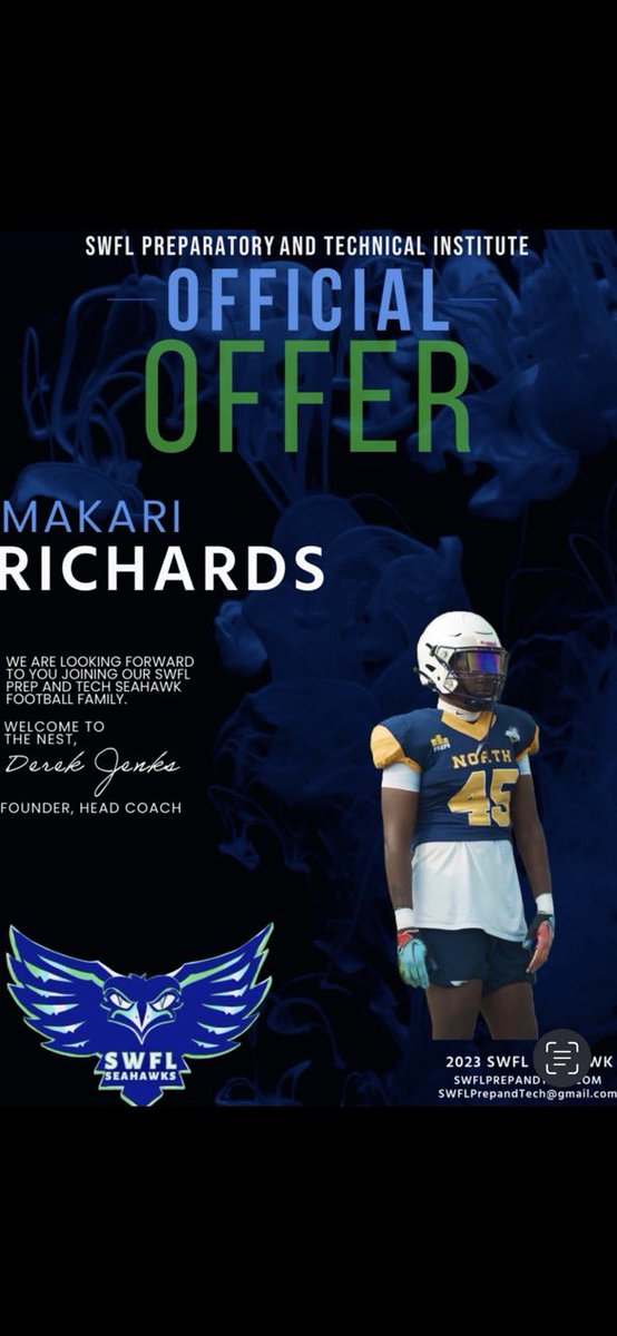 RichardsMakari's tweet photo. #AGTG After a great conversation with @coachcurtis42 I am proud to announce I have received an offical offer to SWFL @DibbleTj @LDBellFootball https://t.co/hNbumcIJ7h