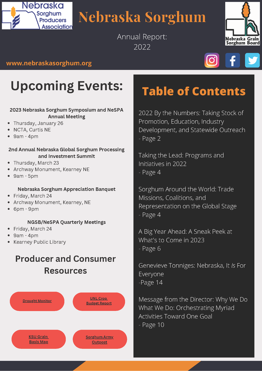 Hey there, #SorghumArmy! The #Nebraska #Sorghum 2022 Annual Report is now available on our website! 

Check it out to see how we worked to advance the industry in 2022, and for a #sneakpeek at what's to come in #2023!

nebraskasorghum.org/wp-content/upl…