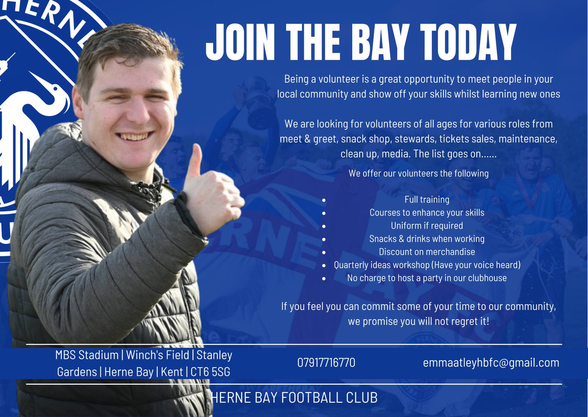 HerneBayFC's tweet photo. 𝑱𝑶𝑰𝑵 𝑻𝑯𝑬 𝑩𝑨𝒀 𝑻𝑶𝑫𝑨𝒀 ✅

We are on the lookout for volunteers of all ages, for various roles, to join our team!

Get in touch today and become a member of the Herne Bay family ⬇️

📱 07917716770
📧 emmaatleyhbfc@gmail.com

#WeAreTheBay 🔵⚪️ https://t.co/6CqEAXgjgl
