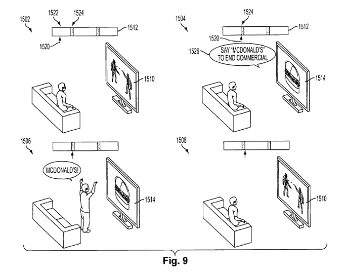 A crude four-frame cartoon of a man watching television. In the first frame he is sitting on the couch andwatching a man shoot another man with a gun. In the second frame there is a hamburger on the screen, and the TV asks the man, still seated, to "Say 'Mcdonald's' to end commercial". In the third frame the man is standing with his arms raised and he is shouting 'McDonald's", with the hamburger still visible on the screen. On the fourth screen he is seated again and the screen has returned to view of a man shooting another man.