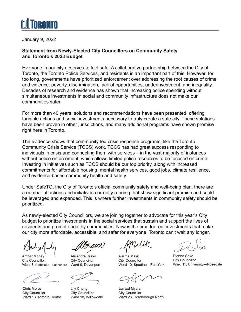 I join every newly-elected Toronto City Councillor in the call for investments to community supports and public services that, as evidence shows, make our city safer.

Read our full statement ⬇️