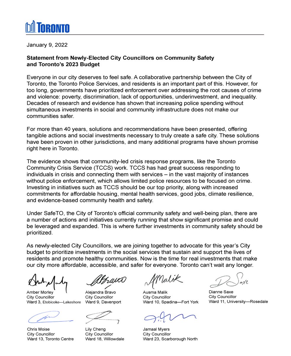 My newly-elected City Council colleagues and I have released the following statement on community safety and Toronto's 2023 #BudgetTO.
