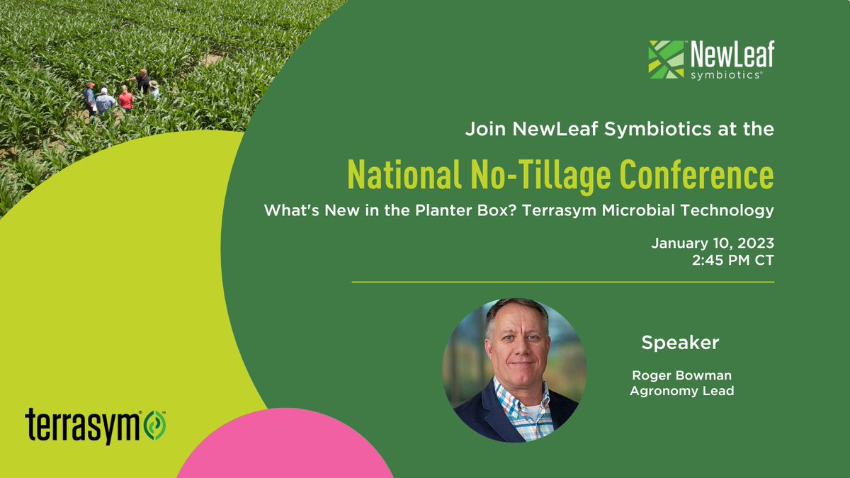 NewLeaf_Sym's tweet photo. Heading to National No-Tillage Conference in Saint Louis/MO tomorrow?
Be sure to stop by to hear about Terrasym Microbial Technology, we are excited to share how you can increase yields and improve ROI with our #Terrasym technology for corn and soybeans.
#plant23 #agtwitter https://t.co/ta4UXtBZMw